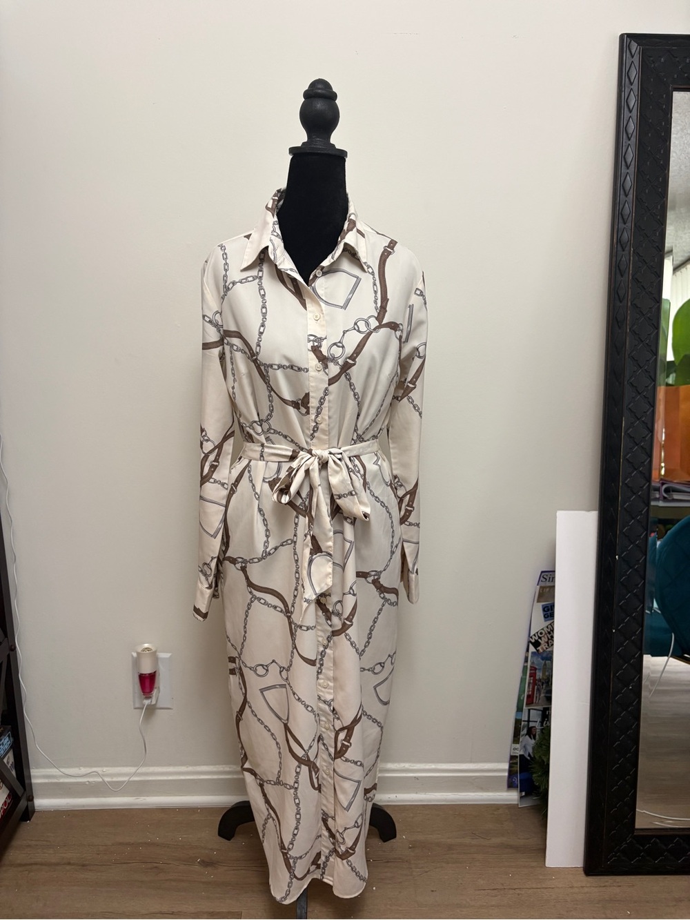 Neutral Chain-Print Shirt Dress with Tie Waist